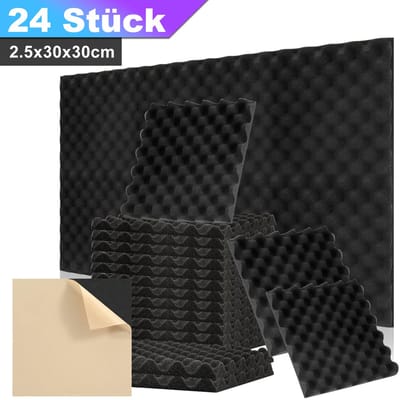 Akoestische Schuimpanelen Zelfklevend 24 Stuks, Golfprofiel 30x30x2,5 cm Zwart