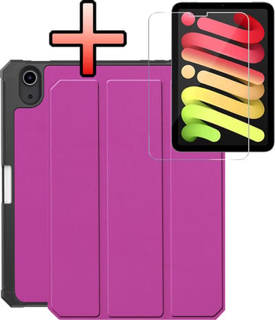 Hoes - Geschikt voor Apple iPad Mini 7 (2024) - 8.3 inch - 7e Generatie - Met Screenprotector - Trifold Bookcase - Hard Cover Case - Met Uitsparing Geschikt voor Apple Pencil - Hardcover Book - Tablet Hoesje - Paars