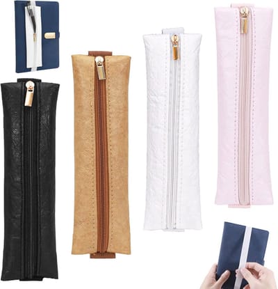 4 Stuks Pen Houder voor Notebook - Rits Journal Pen Pouch met Elastische Band - Compacte Potlood Houder voor Planner in Zwart, Bruin, Wit en Roze