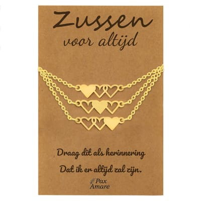 BFF Ketting voor 3 'Zussen voor altijd' - Hartjes - Vriendschapsketting op Cadeau Kaartje - 45cm + 5cm verstelbaar - Goudkleurig - Sisters Hanger - Pax Amare