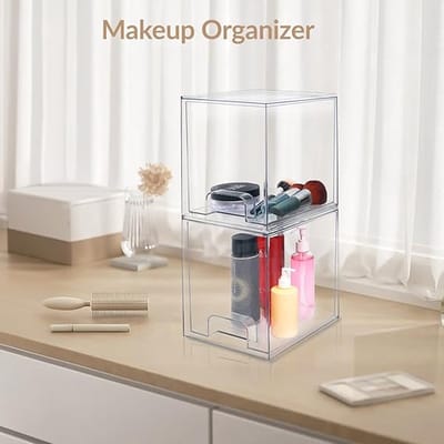 Famanu - Stapelbare make-uporganizers en -opslag, doorzichtige cosmetica-laden van acryl met handgrepen voor make-uptafel, ondertafel, keukenkasten, voorraadkamer, thuisorganisatie en -opslag