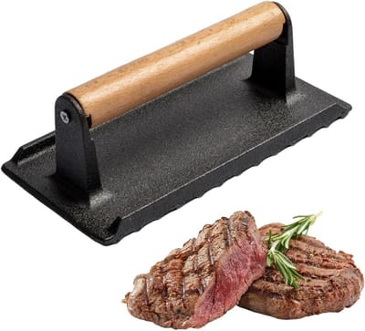 Rechthoekige grillpers - Vleespers steakgewicht - Gelijkmatig vlees bakken - Ergonomisch houten handvat - 978 g - Zwart