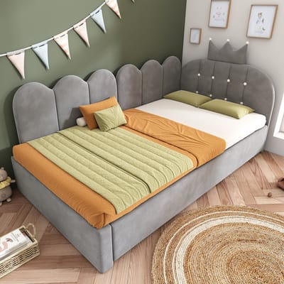 DESMIU Bedbank 90x200 cm - Dagbed met uitrolbed en kroonrooster - L-vormige indeling met omkeerbare zijde - Voor kinderkamer en logeerkamer - Fluweel - Grijs - Zonder matras