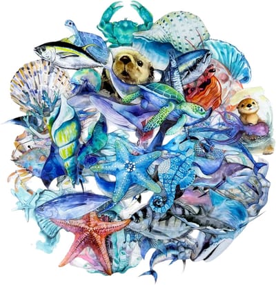 Transparante Stickers met Walvissen, Haaien, Vissen, Kwallen en andere Zeedieren - 50 stuks - Raamstickers, Laptopstickers
