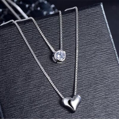 Collier ras du cou en argent sterling 925 avec pendentif cœur en zircone cubique pour femme, chaîne double couche, S-N157 gray
