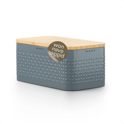 Broodtrommel Metaal - Broodbox Bamboe - Brood Vers Houden - Deksel als snijplank - 345 cm - Blauw