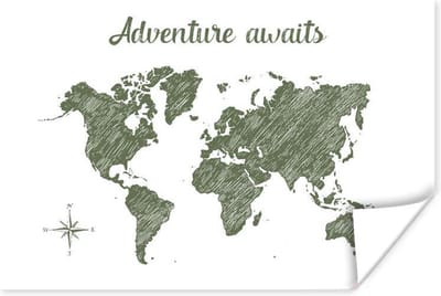 Poster 30x20 cm - Wereldkaart - Groen - Quote - Posters - Kamer decoratie - Wanddecoratie woonkamer - Muurdecoratie slaapkamer