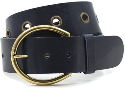 Dames heupriem blauw met ringen en bronzen gesp - 5 cm breed - Leer - Brede riem - Casual - Maat 85