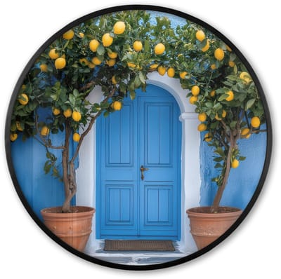 Poster in lijst Rond - Fotolijst 60x60 cm - Posters - Citroenbomen - Geel - Deur - Potten - Ronde posterlijst zwart - Decoratie - Wanddecoratie woonkamer - Muurdecoratie slaapkamer