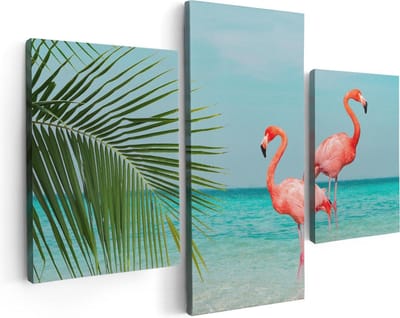Artaza Canvas Schilderij Drieluik Twee Flamingo's in het Water - 90x60 - Foto Op Canvas - Canvas Print