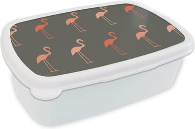 Broodtrommel Wit - Lunchbox - Brooddoos - Flamingo - Vogel - Patronen - 18x12x6 cm - Volwassenen