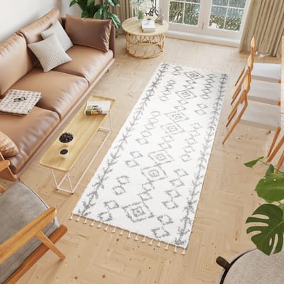 Tapiso Boho Loper Licht Beige Kwastjes Woonkamer Hoogpolig Vloerkleed Maat- 100x150