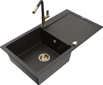 Mexen Leo granieten spoelbak 1-kamerig met afdruiprek en keukenkraan Flora, zwart/gouden metallic - 6501-75-670401-57-G