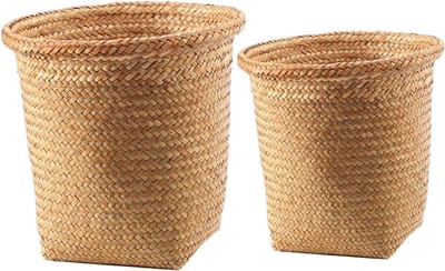 Woven Prullenbakken - Decoratieve Mand Vuilnisbak - Huishoudelijk Gebruik - Handgeweven Stro - 26x26cm - Lichtbruin