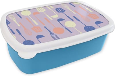 Broodtrommel Blauw - Lunchbox - Brooddoos - Patronen - Keukengerei - Spatel - Garde - 18x12x6 cm - Kinderen - Jongen