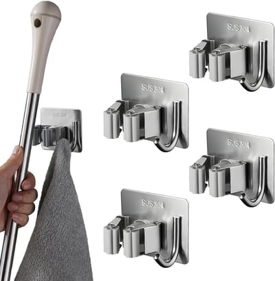 Famanu – Bezemhouder set van 4 – RVS zelfklevend zonder boren, snelle installatie en stevige grip – Mophouder/gereedschapshouder voor kast of muur