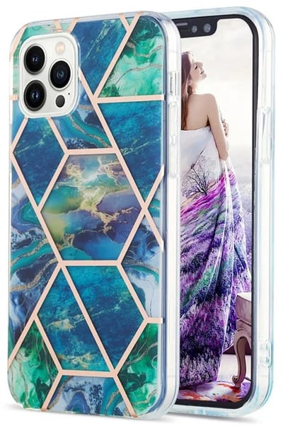 Cityhoesje - iPhone 15 Pro Max - Splicing Marble Pattern Electroplated - Back Cover - Blauw Groen