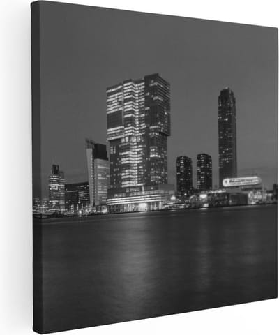 Artaza Canvas Schilderij Rotterdam Skyline - 90x90 cm - Wanddecoratie Erasmusbrug - Muurdecoratie Zwart Wit - Schilderijen Op Canvas