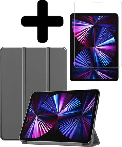 Hoesje - Geschikt voor Apple iPad Pro (2021) - 11 inch - 3e generatie - Met Screenprotector - Hardcover Book Case - Trifold Bookcase Hoes - Hard Cover - Tablethoes - Grijs