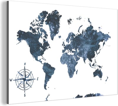 Wanddecoratie Metaal - Aluminium Schilderij Industrieel - Wereldkaart - Luxe - Blauw - 120x80 cm - Dibond - Foto op aluminium - Industriële muurdecoratie - Voor de woonkamer/slaapkamer