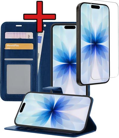 Hoesje - Met Screenprotector - Geschikt voor Apple iPhone 17 - Luxe Pasjeshouder - Flipcase - Bookcase Portemonee - Flip Case - Kunstleer Book Case - Book Cover - Walletcase - Portemonneehoes - Telefoonhoes - Donkerblauw