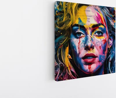 Saammp Canvas Schilderij - Vrouw met kleurrijke verfspetters - abstract - 20x20 - Foto op canvas - Wanddecoratie - Muurdecoratie Woonkamer - Slaapkamer decoratie - Canvas Print