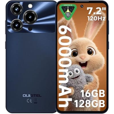 OUKITEL C69 (4+128) 7,2-inch smartphone met 6000 mAh batterij, ultradunne behuizing van 9,5 mm, zwart