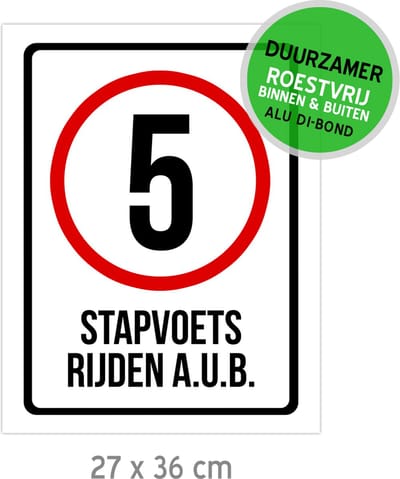 Pictogram/ bord Dibond | 5 km/u - "Stapvoets rijden a.u.b." | 27 x 36 cm | Parkeergarage | School | Graag traag | Duurzaam | 1 stuk