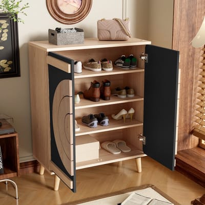 MODENUIT Schoenenkast - Geometrische Deuren Met Meerdere Planken - Voor Hal En Gang - MDF - 76x37x98,5 Cm - Zwart