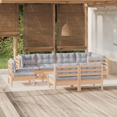 vidaXL - 9-delige - Loungeset - met - grijze - kussens - massief - grenenhout