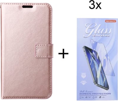 Bookcase Rosé Goud Geschikt voor Samsung Galaxy A34 - portemonnee hoesje met 3 stuk Glas Screen protector - ZT Accessoires
