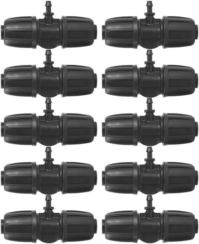 Hose Connector Set van 10 Stuks, Barbed Tee Connectoren 16mm naar 4/7 voor Misting en Irrigatie, 8.5 x 4.3cm
