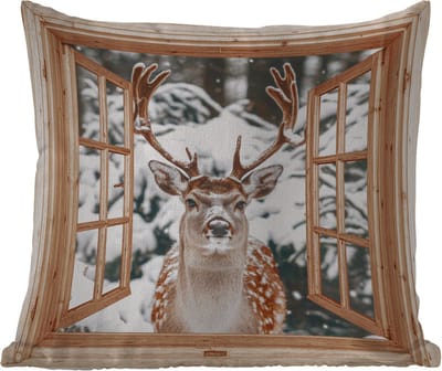 Buitenkussen - Doorkijk - Hert - Dieren - Landschap - Winter - Sneeuw - Landelijk - 45x45 cm - Weerbestendig