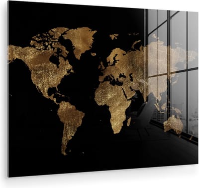 Glasschilderij - Wereldkaart - Bruin - Design - Glasplaat - Foto op glas - Glasschilderijen woonkamer - Schilderij op glas - 120x90 cm - Muurdecoratie - Wanddecoratie - Slaapkamer - Kamer decoratie
