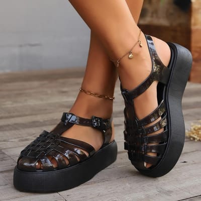 Zomer Dames Platform Visserssandalen Gesloten Teen Glanzend Lakleer Gespband Antislipzool Casual Dagelijkse Wandelschoenen 38-39 brown