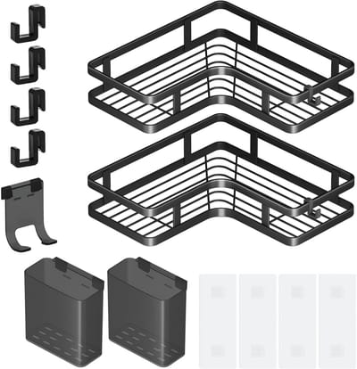 Hoekdouche Caddy Set van 2, Muurplanken voor de Douche, Geen Boren, Met Adhesieve Bevestiging, 26 cm, Tot 10 kg Draagvermogen, RVS Plank voor Tegels, Glas en Marmer, Inclusief Haken en Houder
