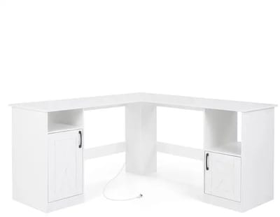 Dailygoods L-vormig hoekbureau, computerbureau met geïntegreerd oplaadstation, 2 stopcontacten, planken, opbergkasten, w