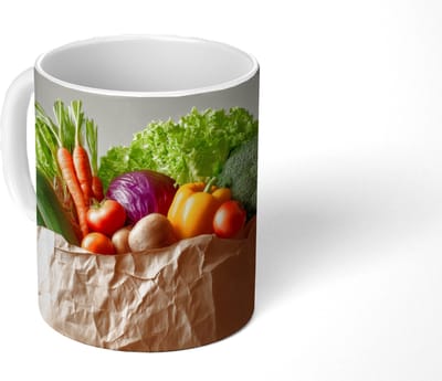 Mok - Koffiemok - Papieren - Boodschappen - Groente - Kleurrijk - Mokken - 350 ML - Beker - Koffiemokken - Theemok