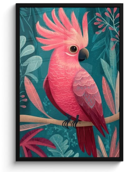 Poster in lijst - Fotolijst 60x90 cm - Posters - Kaketoe - Tropische bladeren - Tak - Posterlijst zwart - Decoratie - Wanddecoratie woonkamer - Muurdecoratie slaapkamer