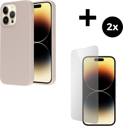 Mobiparts Silicone Cover hoesje geschikt voor Apple iPhone 14 Pro Max met 2 Screenprotectors van Gehard Glas - Roze/Beige