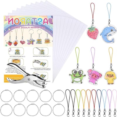 Printable Shrink Film Set van 10 Stuks A4, Blank Art Paper, Gatenpons en 40 Sleutelhangers voor Creatieve Projecten, Sieraden en Handwerk Benodigdheden