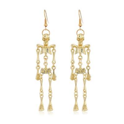 Plux Fashion Skelet Oorbellen - Goud - 9cm - Metaal - Heren - Dames - Sieraden - Goude Oorbellen - Oorhangers - HipHop oorbellen - Sieraden Cadeau - Luxe Style - Duurzame Kwaliteit - Halloween - Oktoberfeest - Kerst