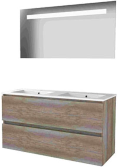 Basic-Line Economic 46 Badkamermeubelset - 120 x 46 cm - Greeploos - 2 Lades - Keramische Wastafel - 2 Kraangaten - Spiegel met LED Verlichting - Scotch Oak
