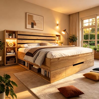 HAUSS SPOLE Tweepersoonsbed 180x200 cm - Met LED, USB C En Opberghoofdbord - Met Laden - Zonder Matras - Hout En Metaal - Eiken