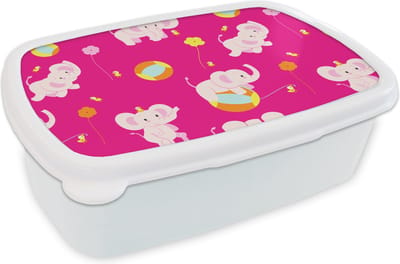 Broodtrommel Wit - Lunchbox - Brooddoos - Olifant - Bloemen - Patronen - 18x12x6 cm - Volwassenen