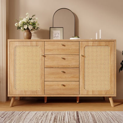 PHOEBE CAT Dressoir - 4 lades - Rieten deuren - Verstelbare planken - 140 x 40 x 86 cm - Natuurlijke