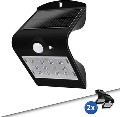 Solar wandlamp buiten 'Carl I' - Set van 2 stuks - Met bewegingssensor - IP65 - Warm wit licht (3000K) - 220 lumen - Tuinverlichting op zonne-energie - Zwart