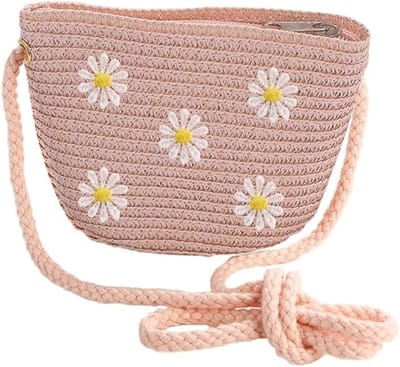 Bloemen Schoudertas van Stro voor Meisjes - Roze Crossbody Tas met Rits voor Vakantie en Buitenactiviteiten