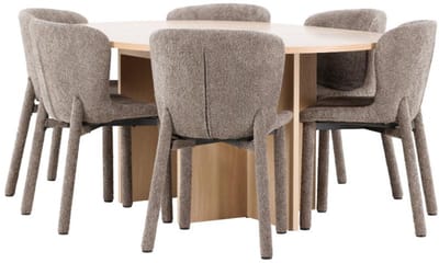 Strada eethoek uittrekbare tafel Ø120cm, 170cm en 6 stoelen whitewash, bruin.