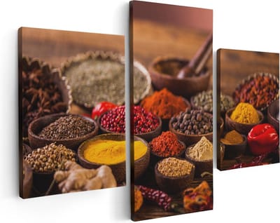 Artaza Canvas Schilderij Drieluik Diverse Kleurrijke Kruiden Op Tafel - 90x60 - Foto Op Canvas - Canvas Print